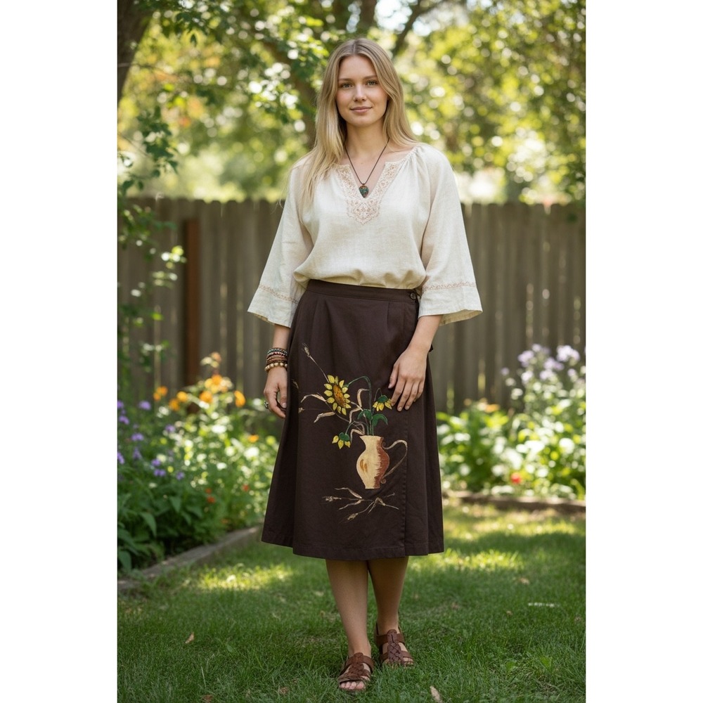 Vintage Arnold's of Miami Brown Hand Painted Sunflower Wrap Midi Skirt Medium